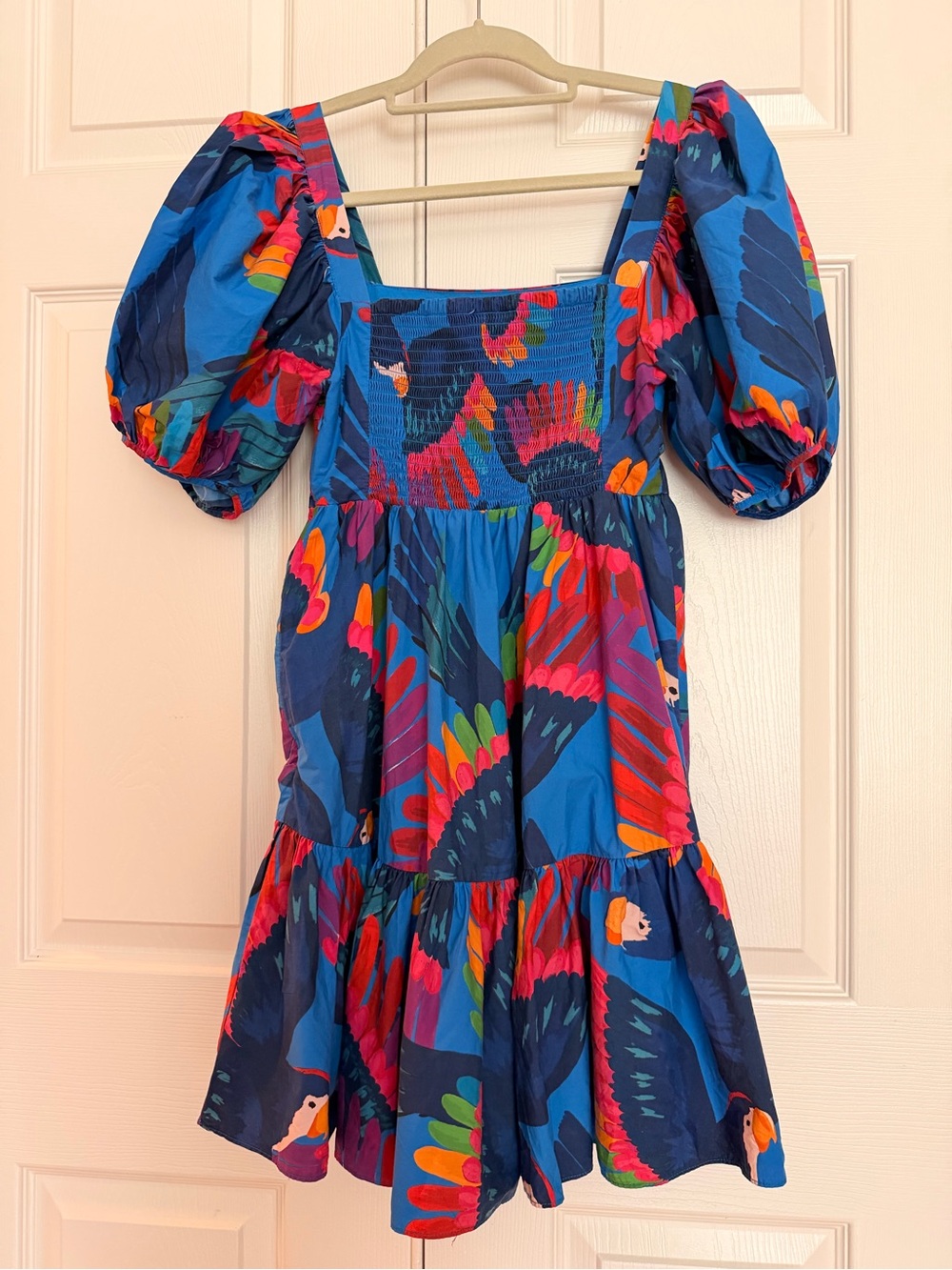 Farm Rio XS Rainbow Macaw Mini Dress Babydoll Smocked Back Puff Sleeve Cotton - Picture 7 of 12